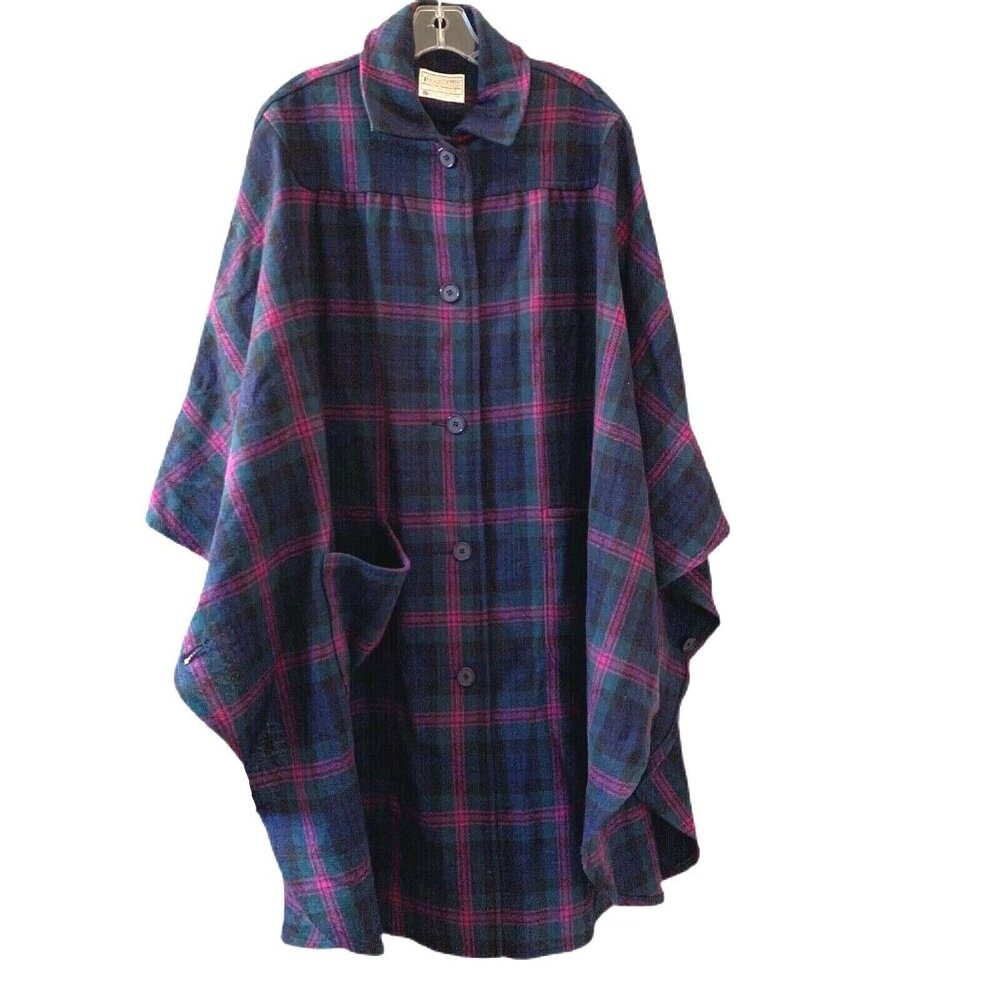 Pendleton Womens O/S Tartan Blue Green Pink Vintage Virgin Wool Cape Poncho USA - Picture 2 of 7